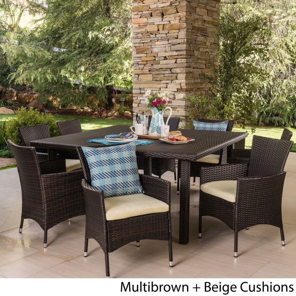 Aristo Outdoor 9 piece Square Wicker Dining Set with Cushions by Christopher Knight Home