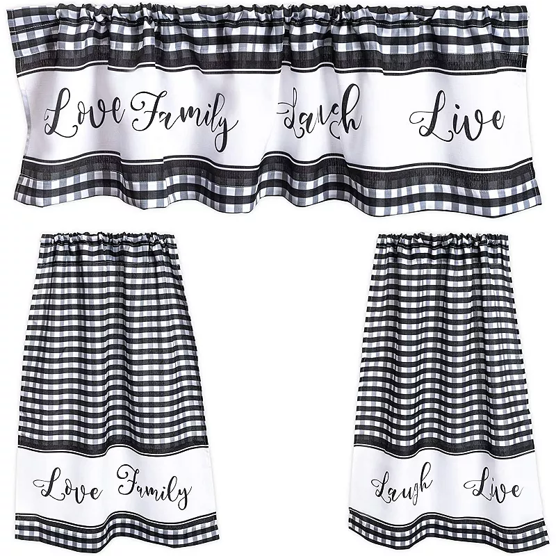 3 Piece Kitchen Curtains and Valances Set， 36 Inches Long for Window， Love Family Laugh Live (Black and White)