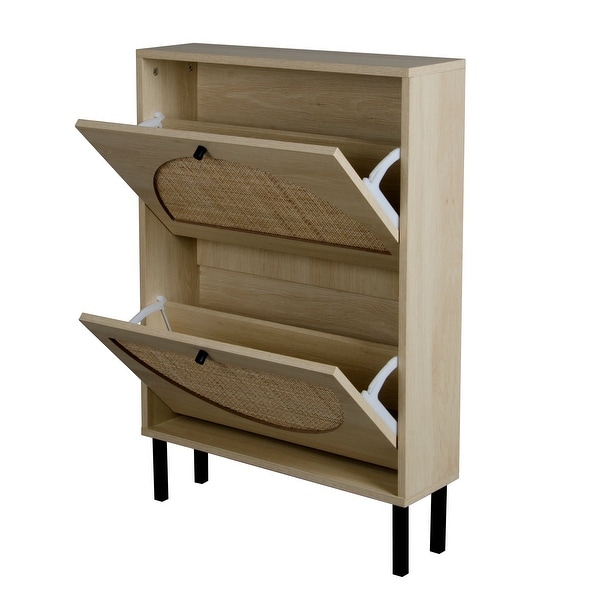 Rattan Shoe Organizer Storage Cabinet-Natural Wood - - 35610772