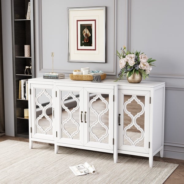 Modern Mirrored Console Table Sideboard for Living Room Dining Room with 4 Cabinets and 3 Adjustable Shelves