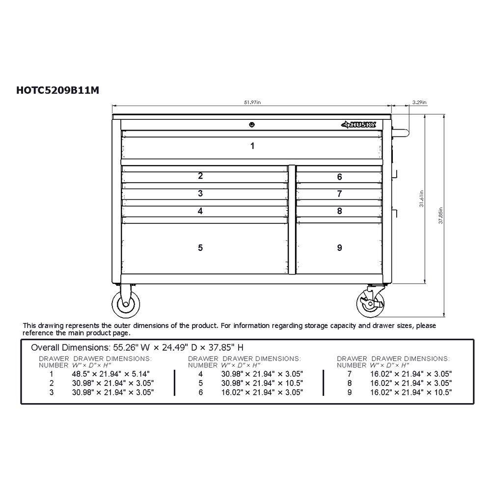 Husky 52 in. W x 25 in. D Standard Duty 9-Drawer Mobile Workbench Tool Chest with Solid Wood Top in Gloss Black HOTC5209B12M