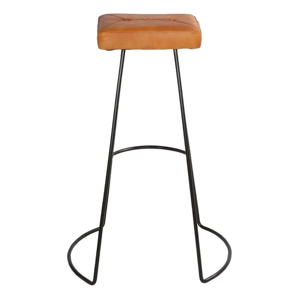 32 Inch Modern Bar Stool， Genuine Leather Seat， Metal Frame， Button Tufted， Tan Brown， Black - 21.5 L x 19 W x 31.7 H Inches