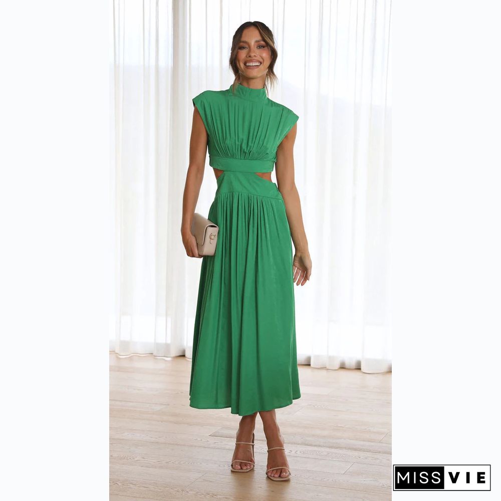 Fashion Stand Collar Macaron Color Open Waist Long Dress