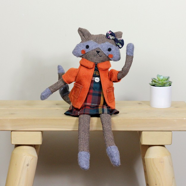 Brown And Orange Sitting Girl Herringbone Design Fox Plush