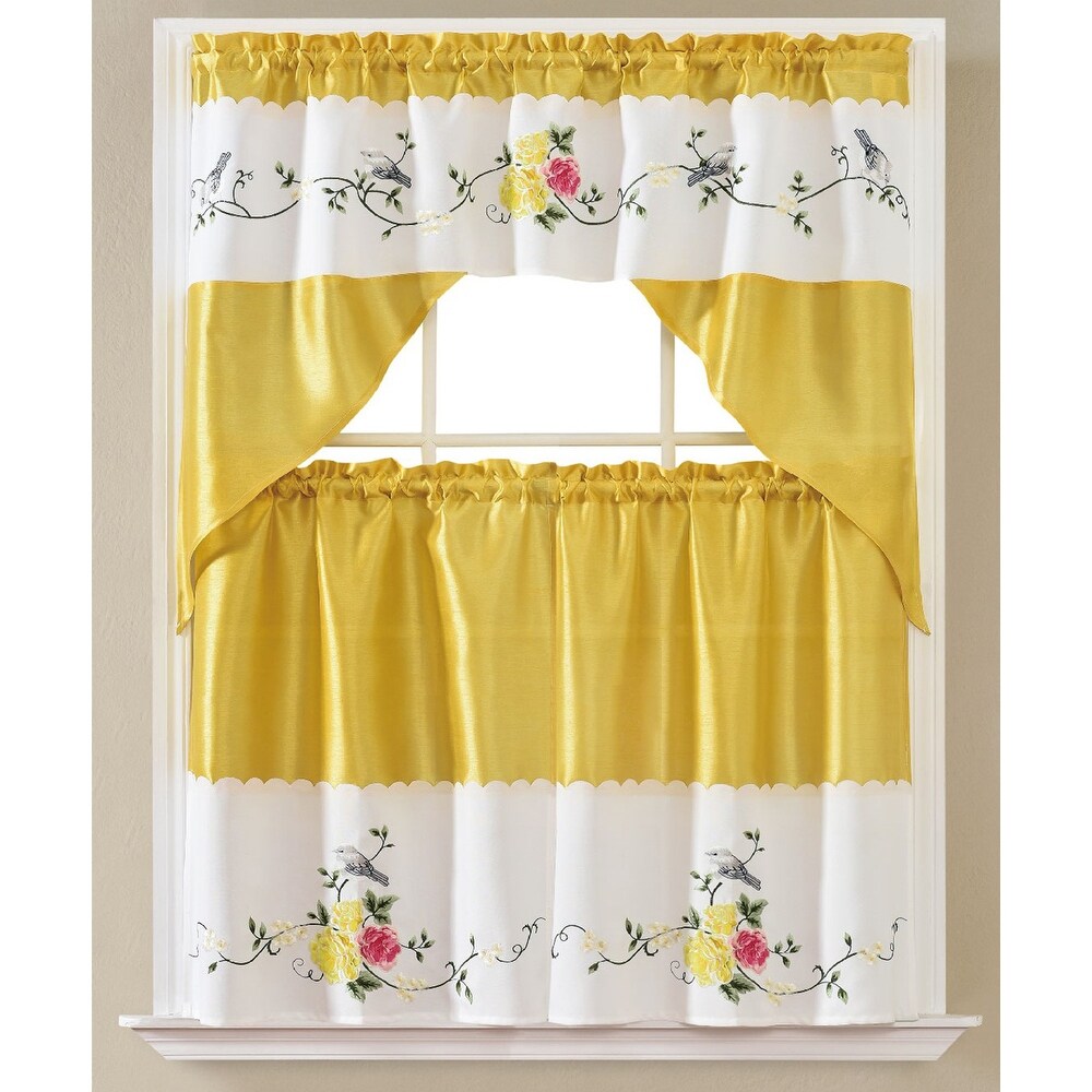 Bird 3 Piece Embroidery Kitchen Curtain Set with Swag Valance  Yellow  30x36 Inches