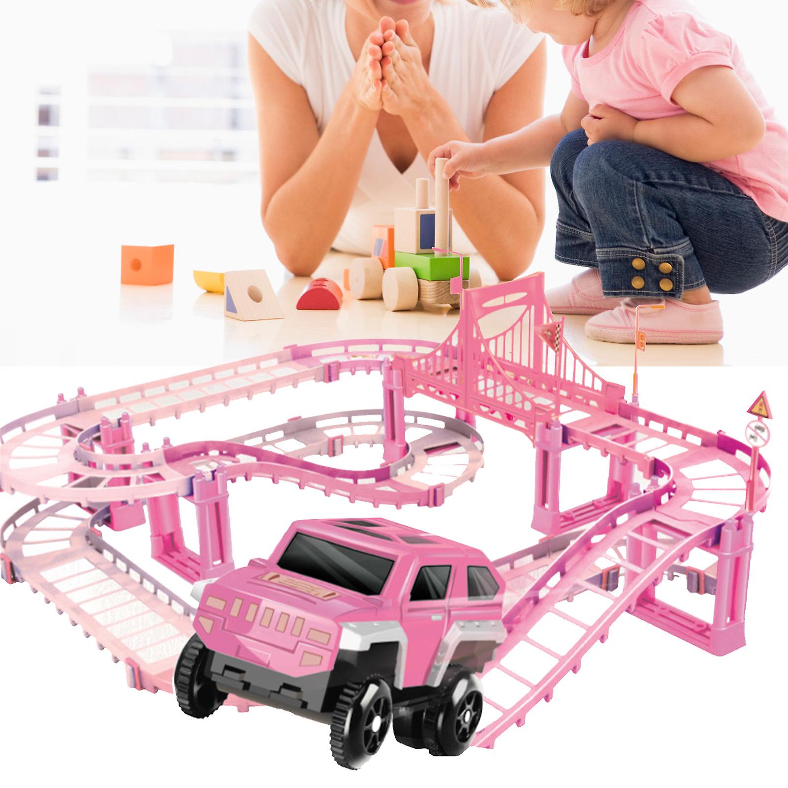 Electric Train Track Toy Exquisite Workmanship Safe Educational Race Car Track Toys with Coconut Tree for Children Pink