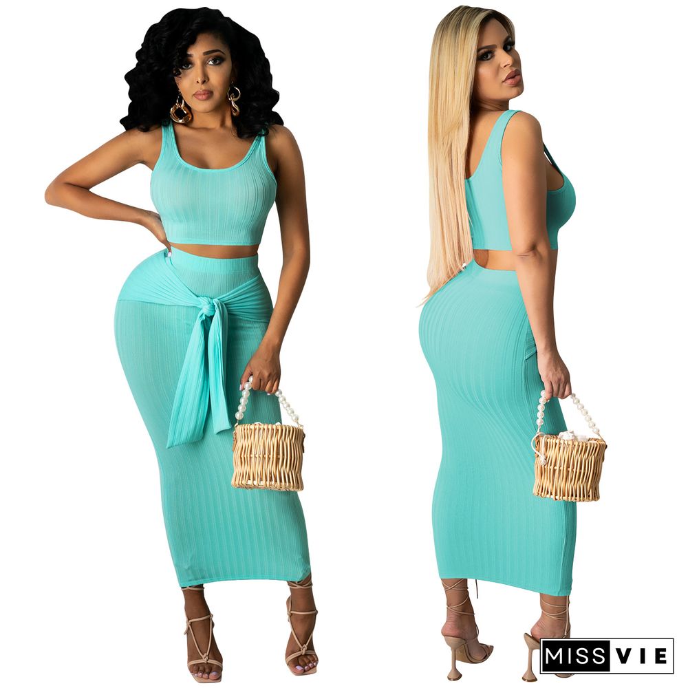 Women Summer Clothing Solid Sleeveless Vest Crop Top Bodycon Long Skirts Sexy Club Party Two Piece Set