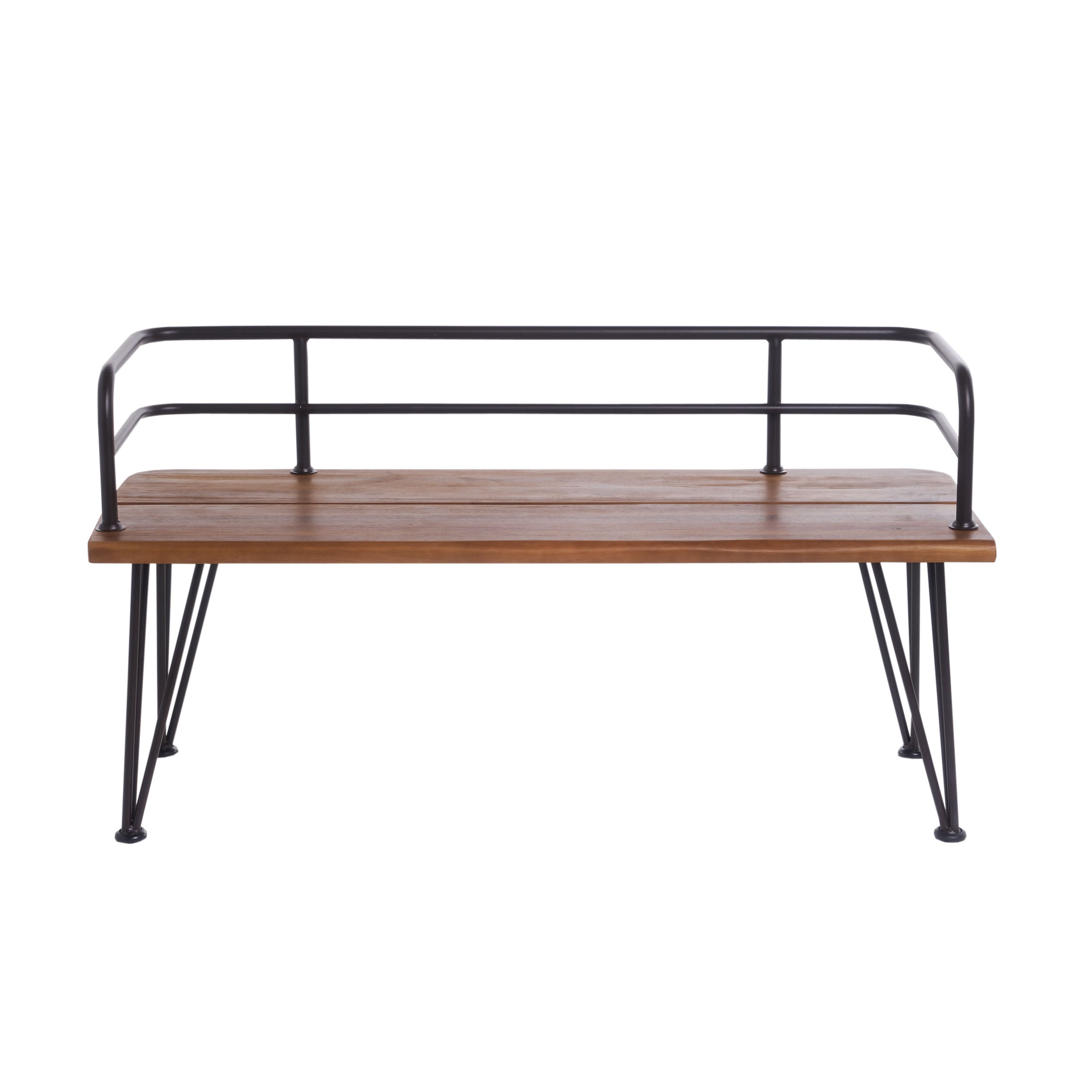 Avy Outdoor Rustic Industrial Acacia Wood Bench with Metal Hairpin Legs, Teak