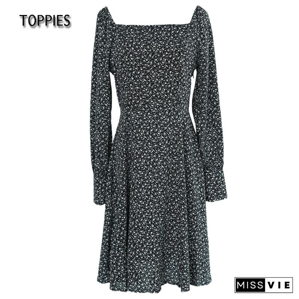 Toppies New Women Mini Dresses Vestidos Flowers Print French Style Dress Puff Long Sleeve Ladies Sundress