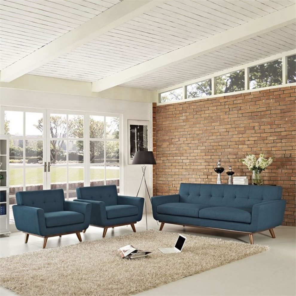 Modway Engage Modern Fabric 2 Piece Sofa Set with Armchairs in Azure Blue   Midcentury   Living Room Furniture Sets   by Homesquare  Houzz