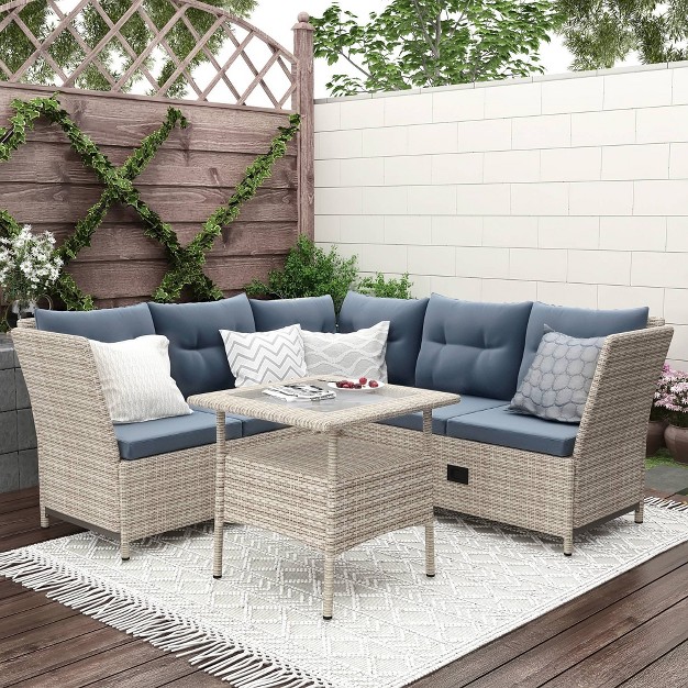 4pc Wicker Adjustable Patio Seating Set With Cushions Natural gray Godeer