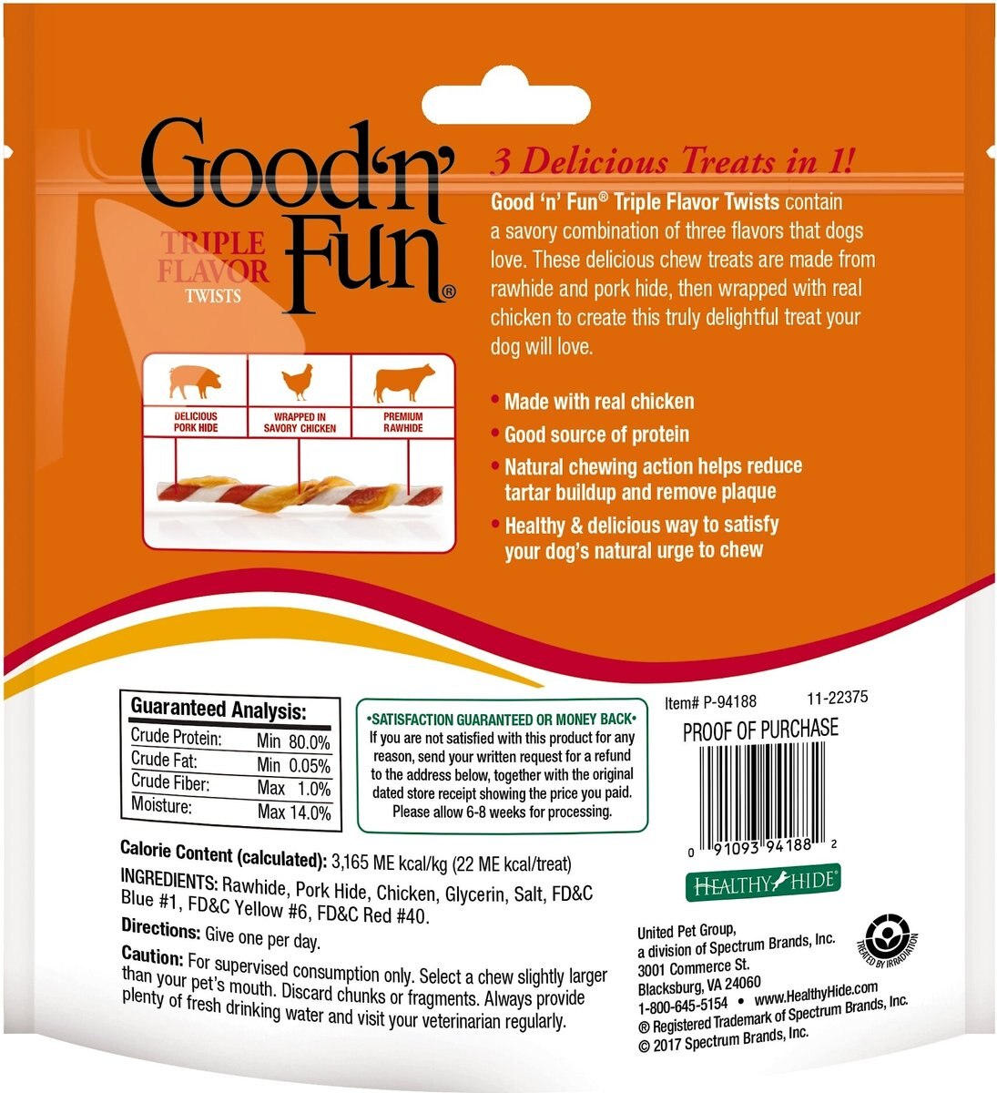 Good 'n' Fun Triple Flavor Chews Beef， Pork and Chicken Twists Dog Chews