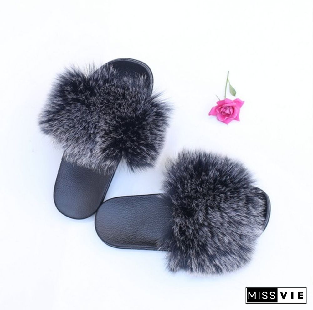 Women New Fashion Fluffy Faux Fur Slippers Sandals Indoor Outdoor Plush Slides Home Flat Shoes