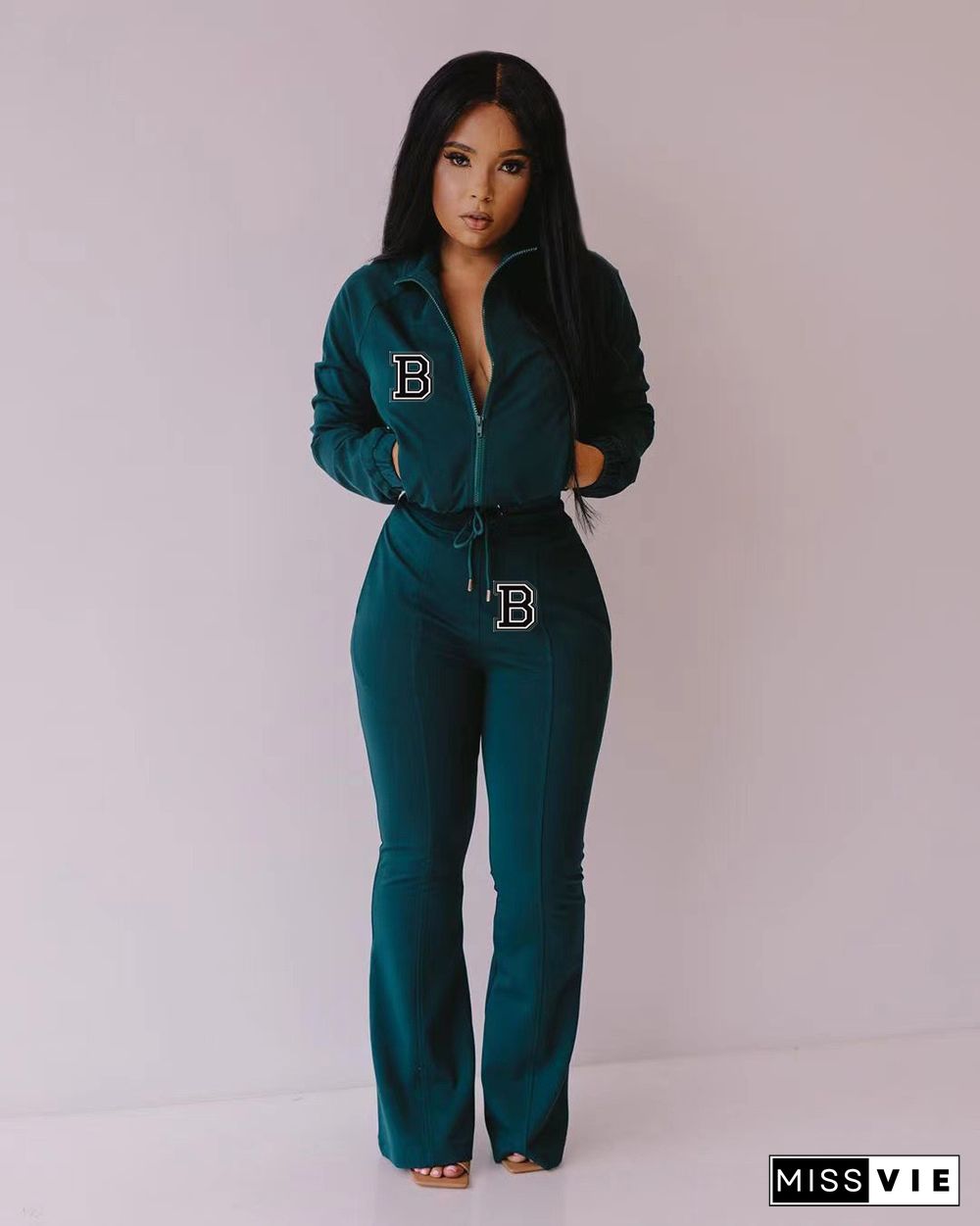 Sportswear Zip-up Jacket Flare Pants Two Piece Sets