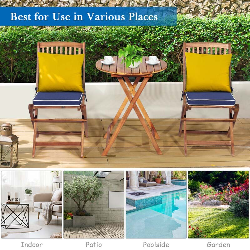 3 Pcs Acacia Wood Patio Folding Bistro Set Outdoor Chair Table Set with Padded Cushion & Round Coffee Table