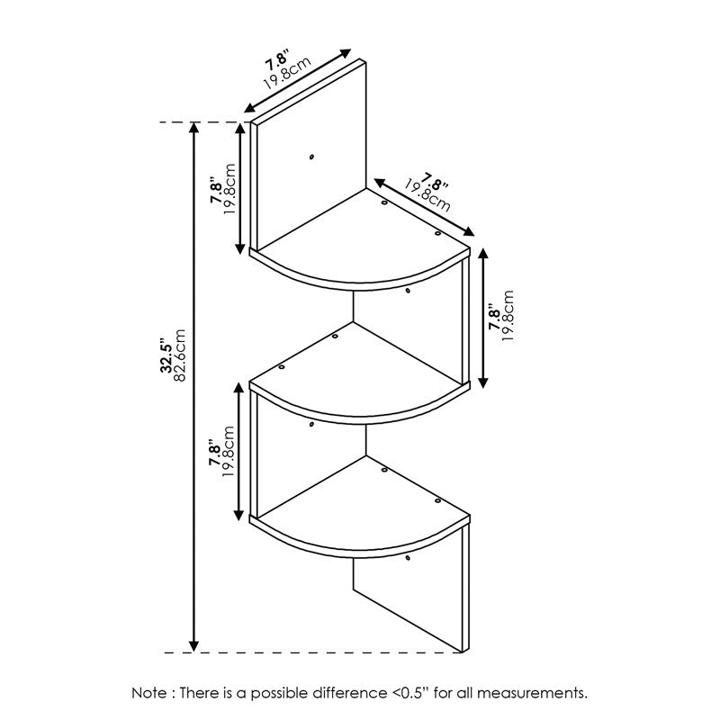 Furinno 3 Tier Wall Mount Floating Corner Radial Shelf, Set of 2