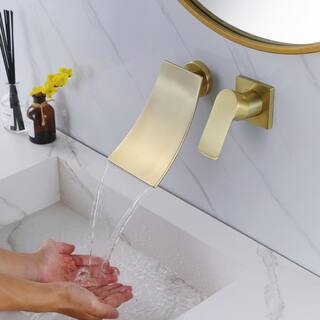 FLG Single-Handle Wall Mounted Bathroom Faucet Waterfall Brass Bathroom Sink Vanity Taps in Brushed Gold (Valve Included) KK-0069-BG