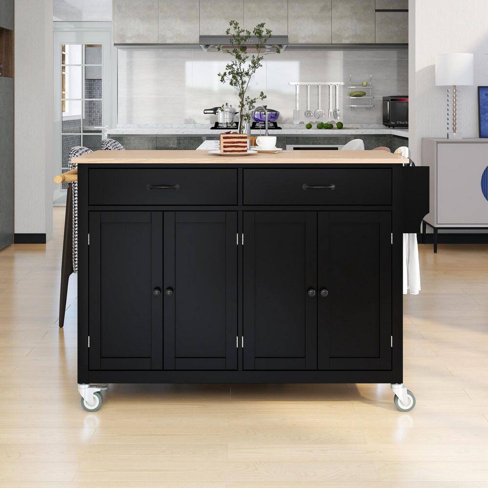 54.3 in. L x 18.5 in. W x 36.22 in. H Black Kitchen Island Cart with Solid Wood Top and Locking Wheels WFAAB286wy