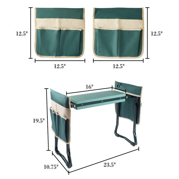 Kneeler Bench - Foldable Stool with 2 Tool Pouches (Green)