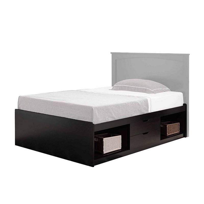 Modern Twin Low Platform Bed， 2 Drawers on Metal Glides， 2 Cubbies， Brown