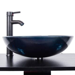 Puluomis Ocean Blue Glass Round Vessel Sink with Faucet Pop Up Drain Set USBA20077