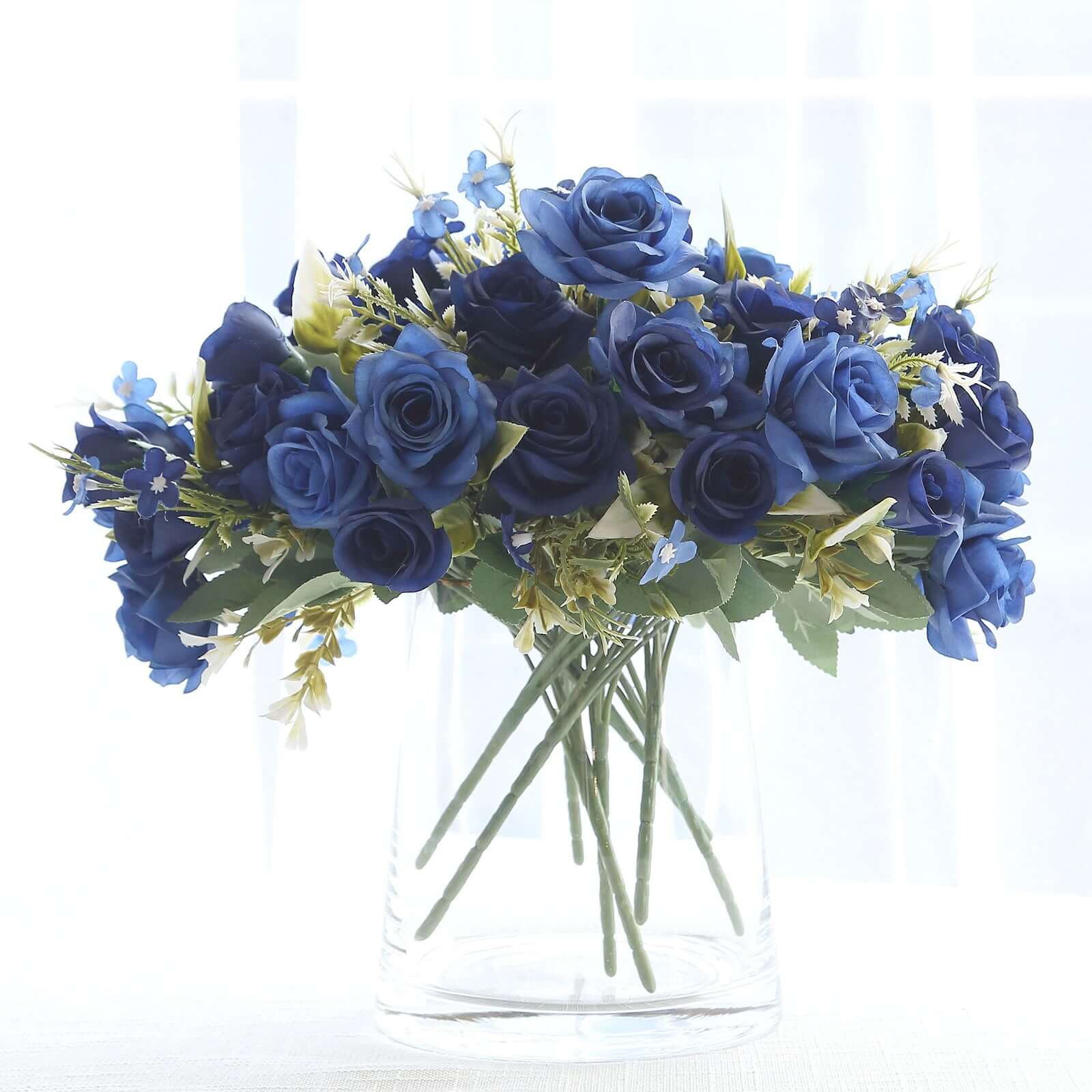 4 Bushes Navy Blue Real Touch Artificial Silk Rose Bridal Bouquet, Faux Flowers 12