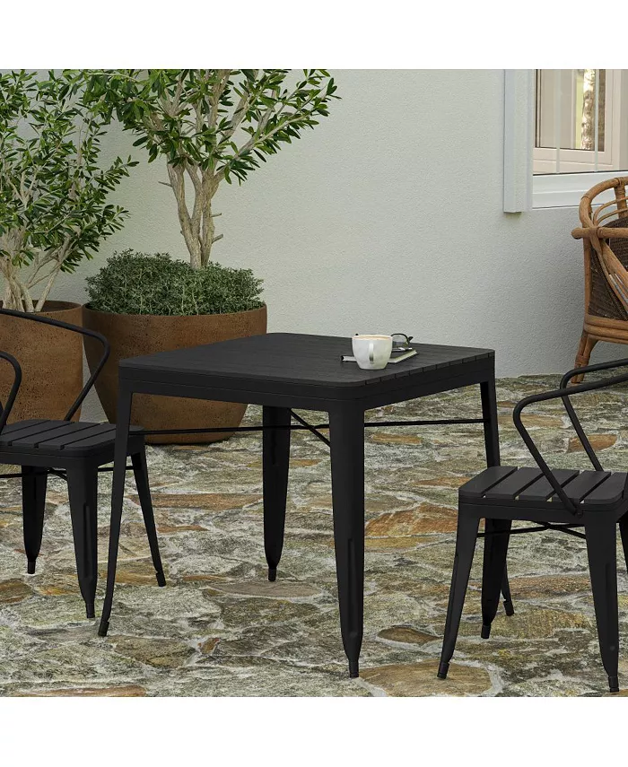 MERRICK LANE Hara 31.5 Square Indoor Outdoor Black Steel Patio Dining Table For 4 With Black Poly Resin Slatted Top