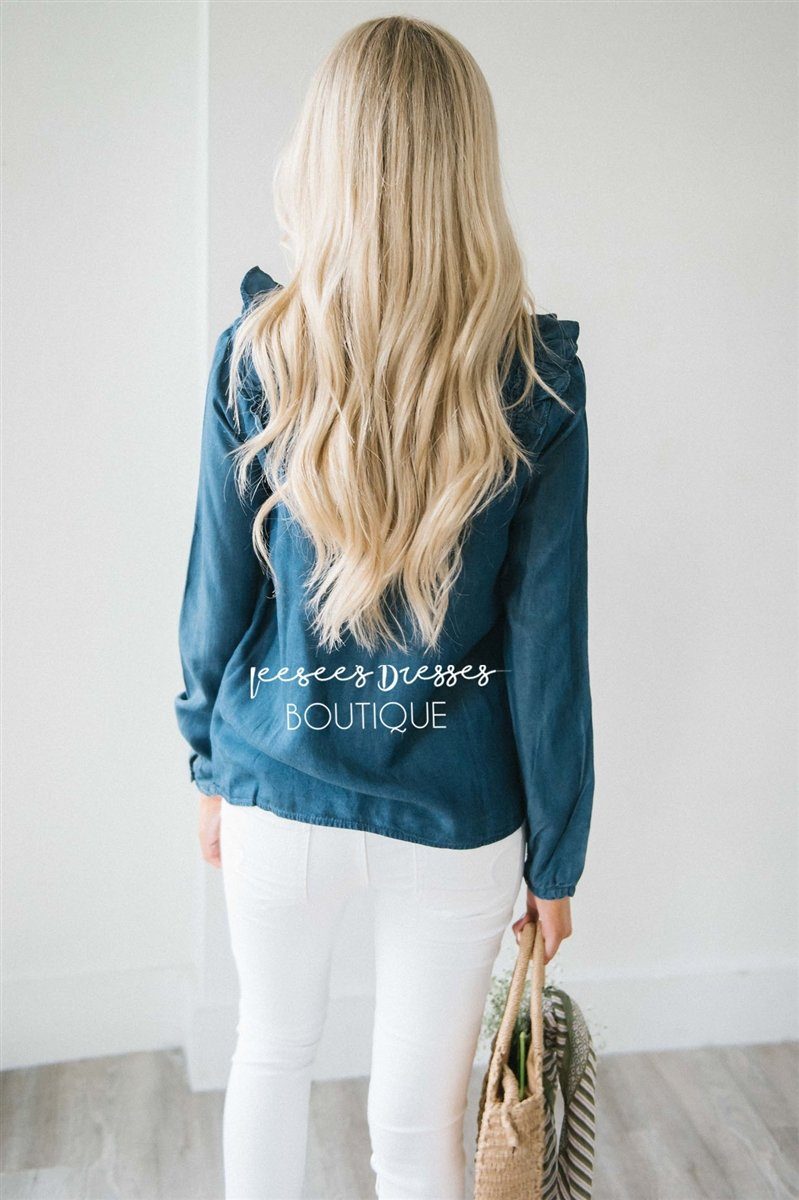 Ruffle Shoulder Long Sleeve Chambray Top