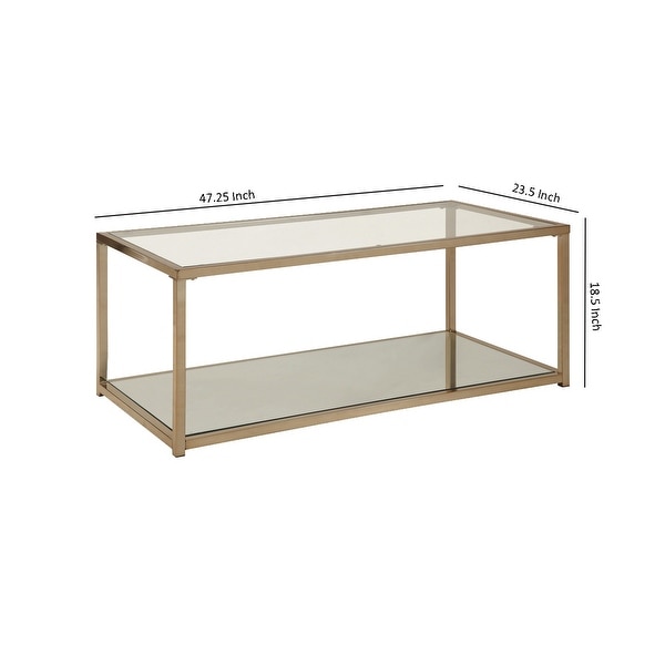 Glass Top Coffee Table with Metal Frame and Open Shelf， Brass