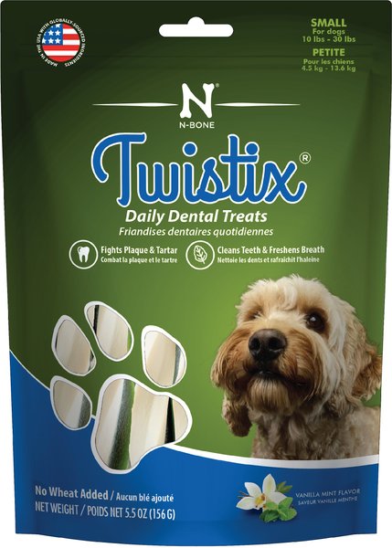 N-Bone Twistix Vanilla Mint Flavored Small Dental Dog Treats， 5.5-oz bag， Count Varies