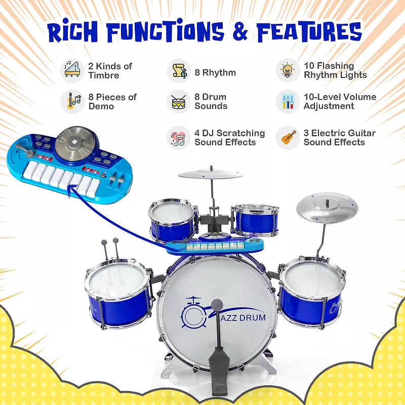 Kids Jazz Drum Keyboard Set with Stool and Microphone Stand