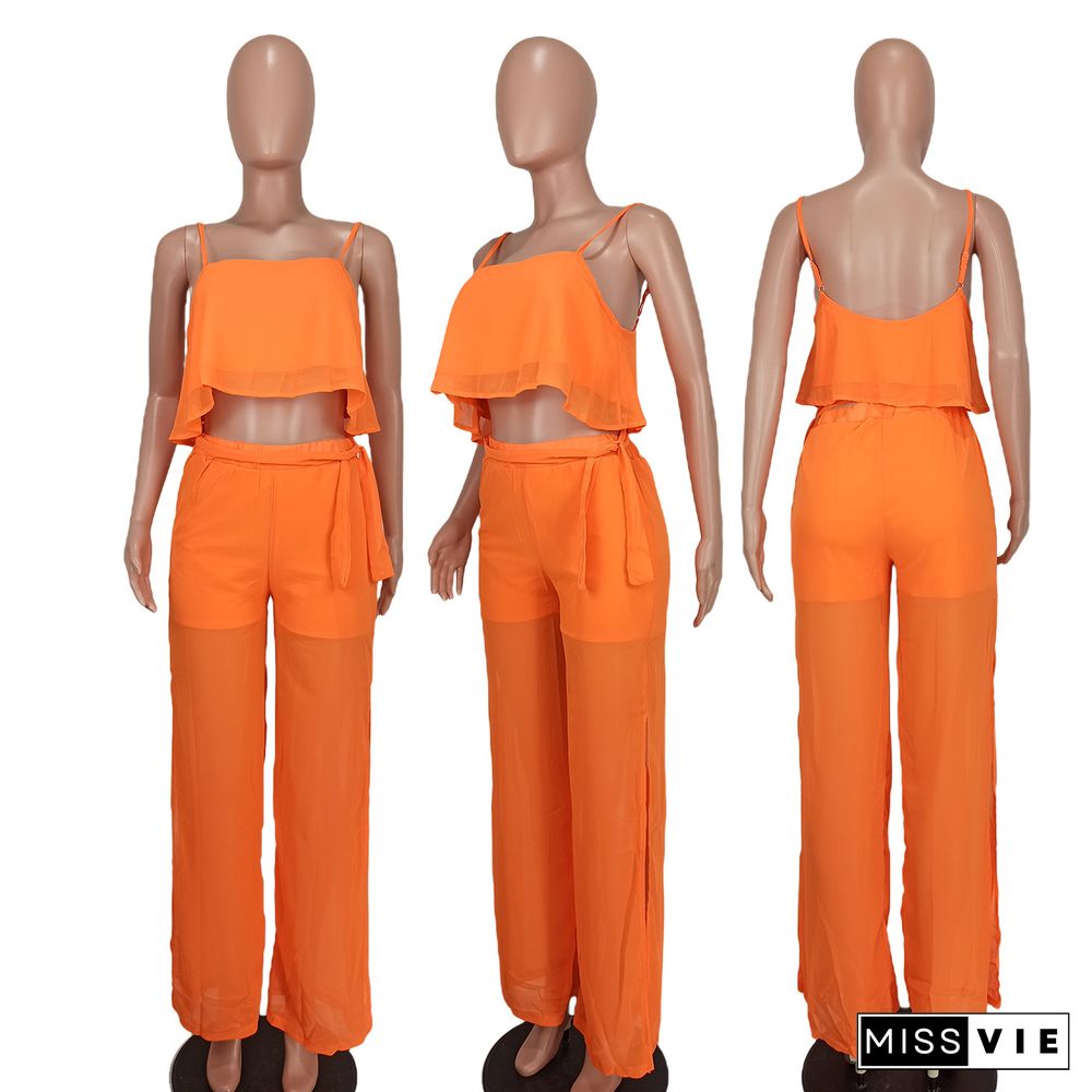 Chiffon Patch Camisole Loose Split Pants 2 Piece Set