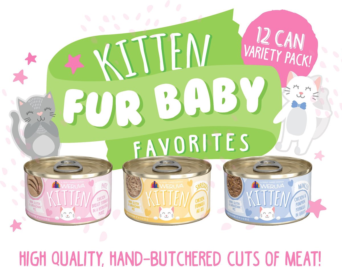 Weruva Kitten Fur Baby Favorites Chicken Flavored Shredded Wet Cat Food Variety Pack， 3-oz can， case of 12