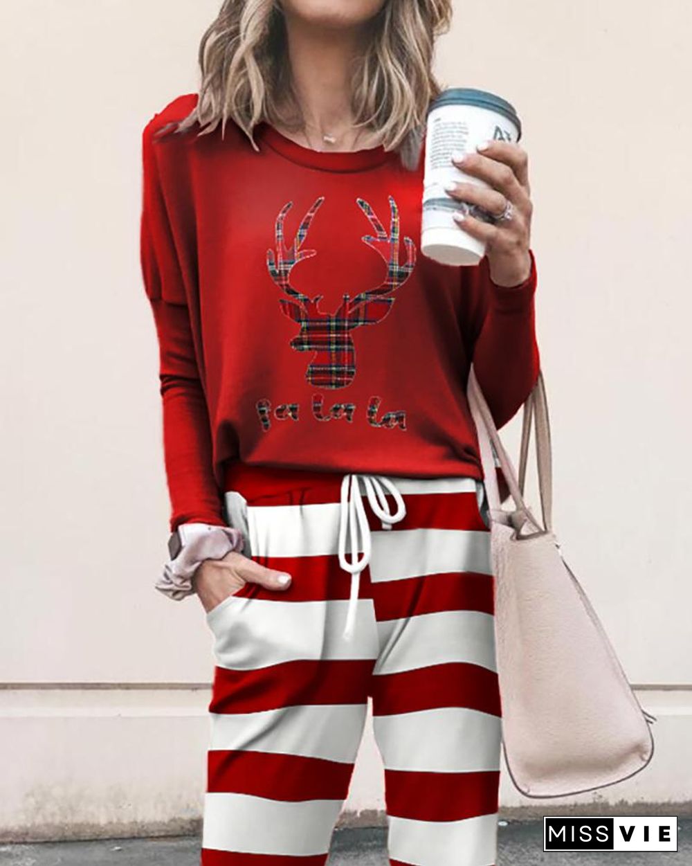 Christmas Moose Print Top & Drawstring Pants Set