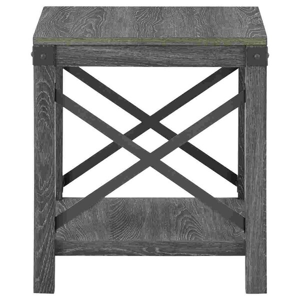 End Table with X Metal Accent and Grain Details， Gray