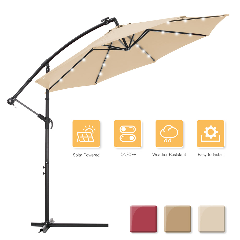 9.5ft Solar Led Lighted Patio Umbrella Outdoor Vented Table Umbrella with 24 LED Lights Push Button Tilt/Crank 8 Sturdy Ribs for Garden Backyard Deck Pool Sun Shade, Tan