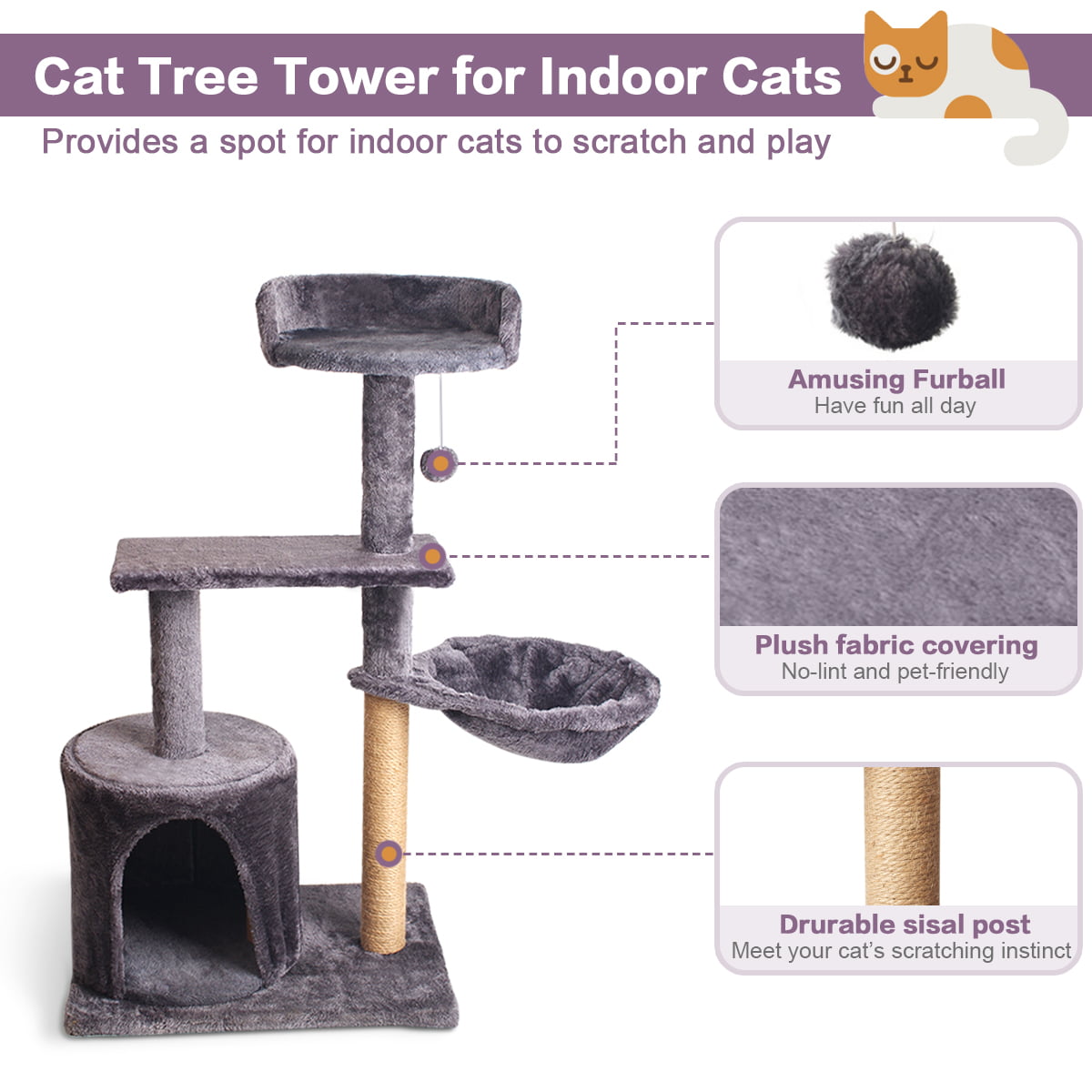 Vesteel Cat Tree, 34.6" Cat Tower Condo with Cozy Basket and Sisal Scratching Post for Indoor Cats Kitten, Gray