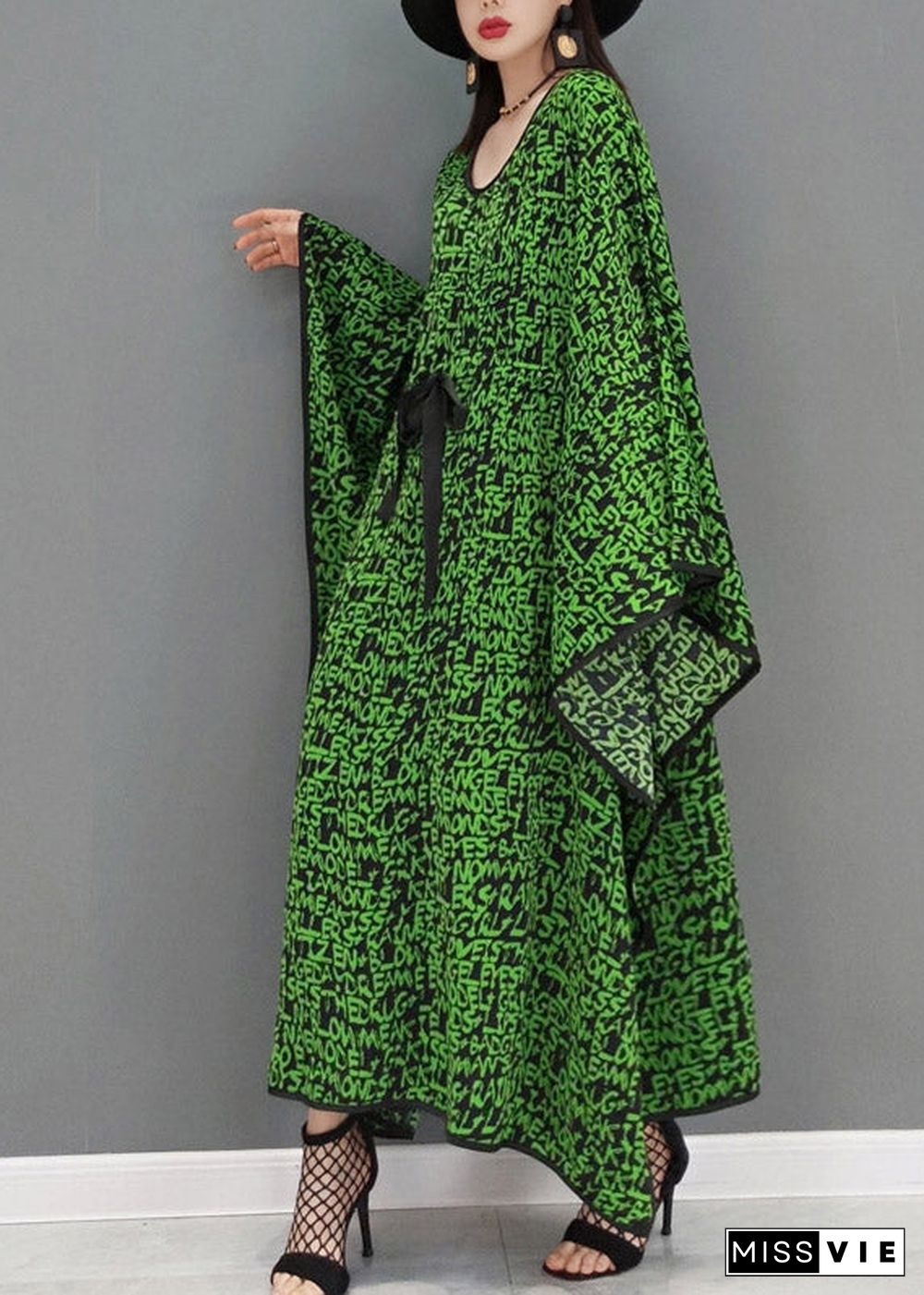 Plus Size Green O-Neck Print Batwing Dresses Long Sleeve