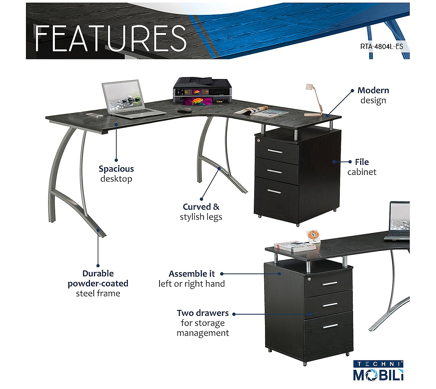 Techni Mobili L-Shaped Computer Desk w  File Cabinet