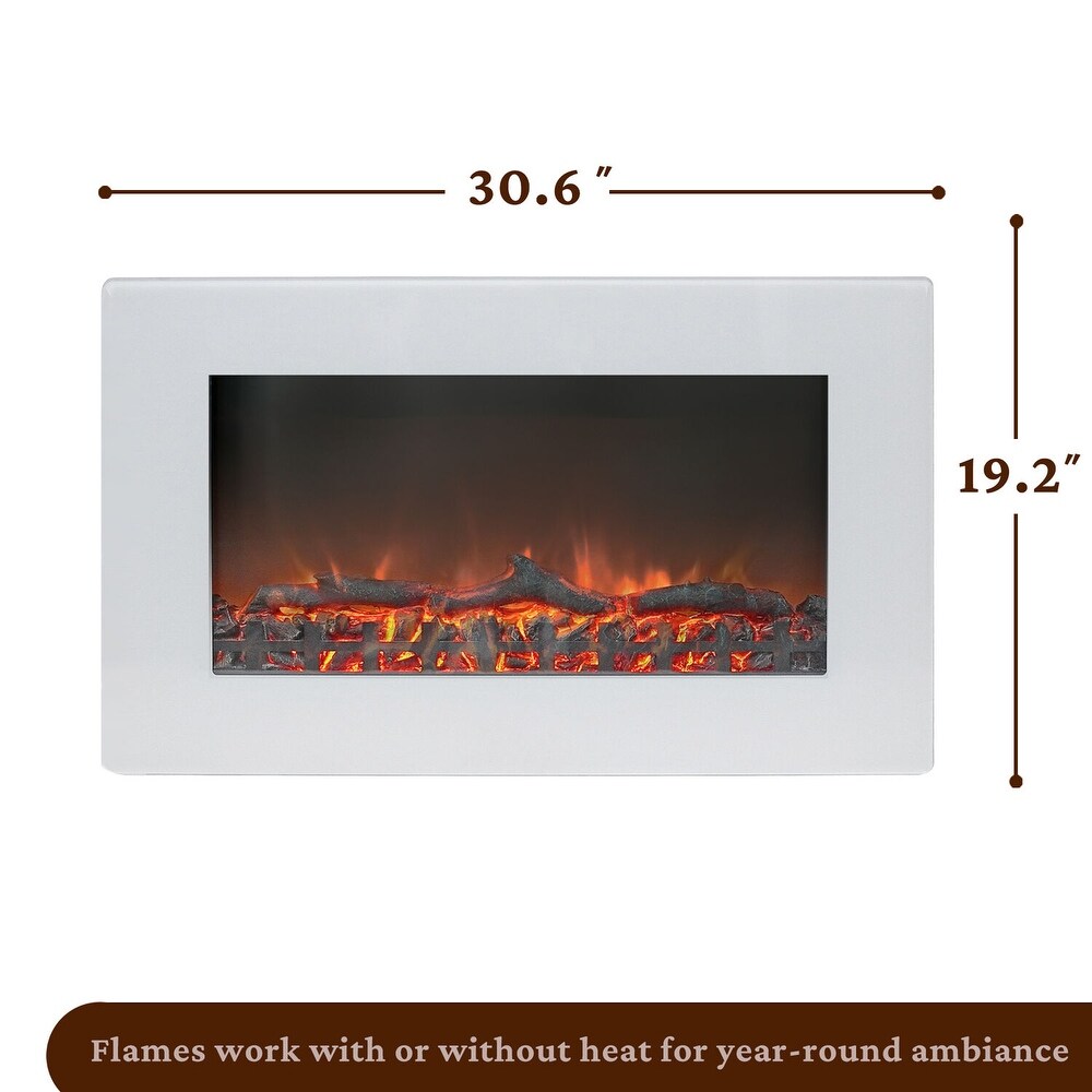 Cambridge CAM30WMEF 2WHT Callisto 30 In. Wall Mount Electric Fireplace with White Flat Panel and Realistic Log Display