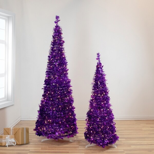 4' PreLit Purple Tinsel PopUp Artificial Christmas Tree Clear Lights