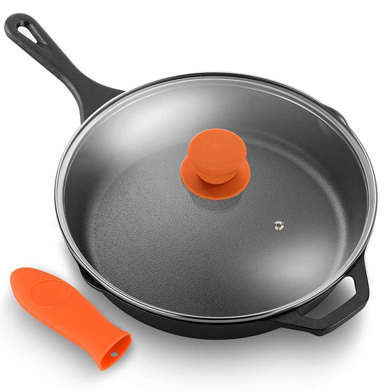 NutriChef 12 Pre Seasoned Nonstick Cast Iron Frying Pan w/ Lid and Handle Cover