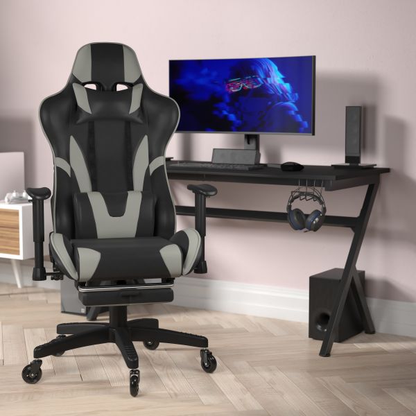 X30 Gaming Chair Racing Computer Chair with Reclining Back， Slide-Out Footrest， and Transparent Roller Wheels in Gray LeatherSoft