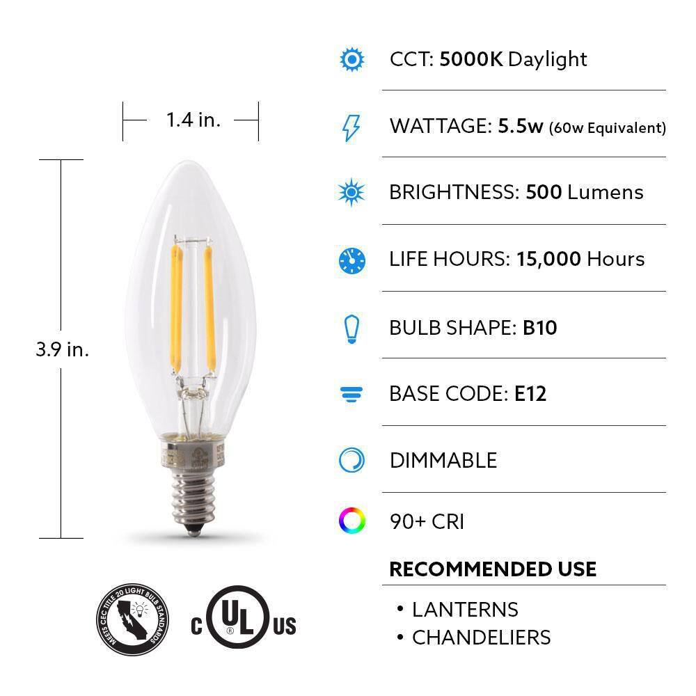 Feit Electric 60-Watt Equivalent B10 E12 Candelabra Dimmable Filament CEC Clear Glass Chandelier LED Light Bulb Daylight (4-Pack) BPCTC60950CAFIL4