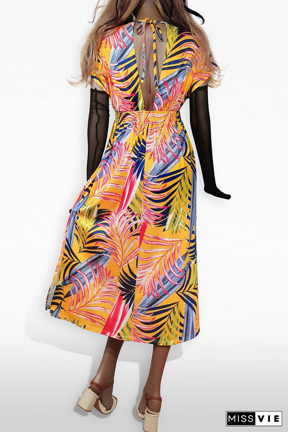 Printed V Neck Smocked Waist Maxi Dress