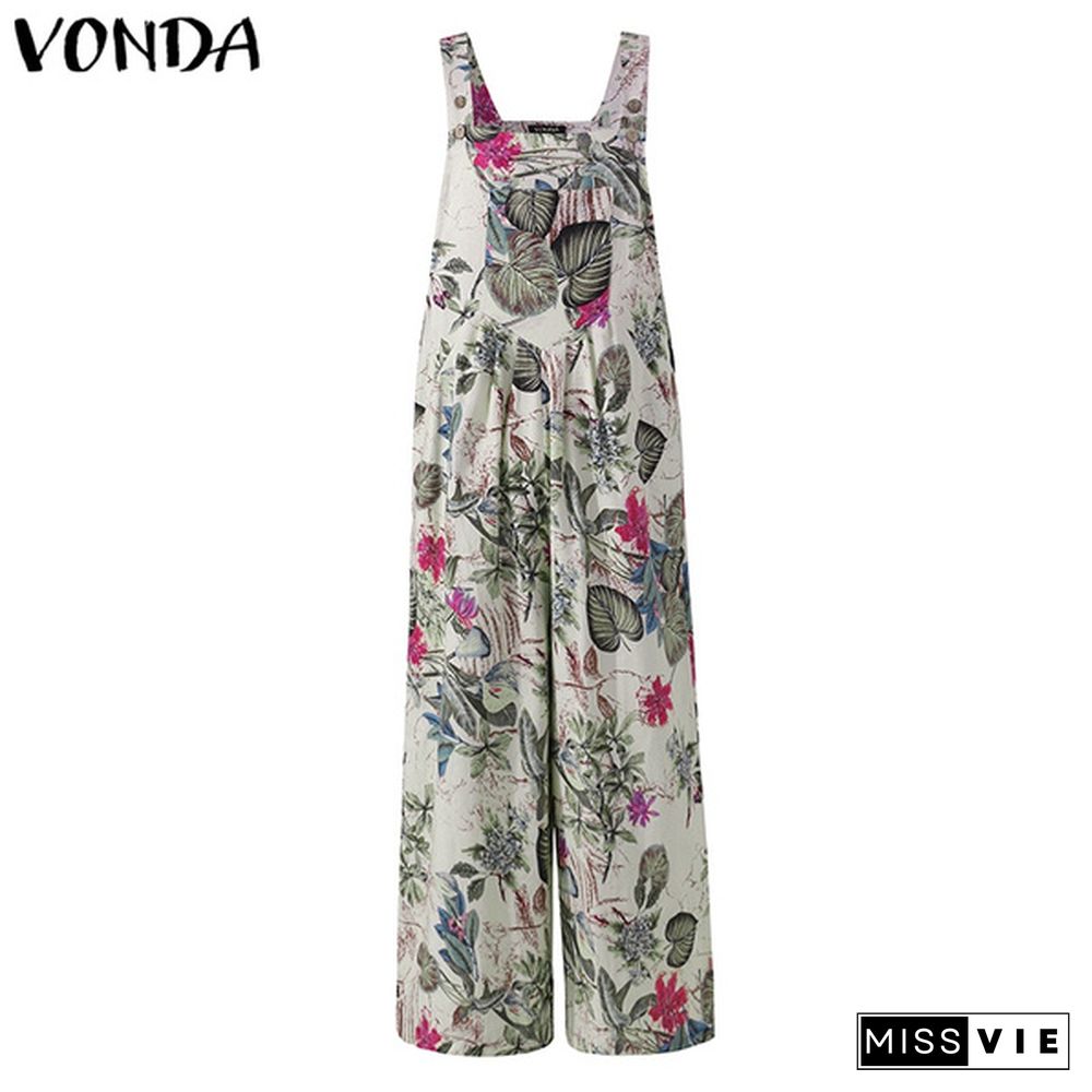 VONDA Women Floral Print Wide Leg Bib Overalls Long Trousers Summer Sleeveless Cotton Jumpsuits Rompers Plus Size Pantalon femme