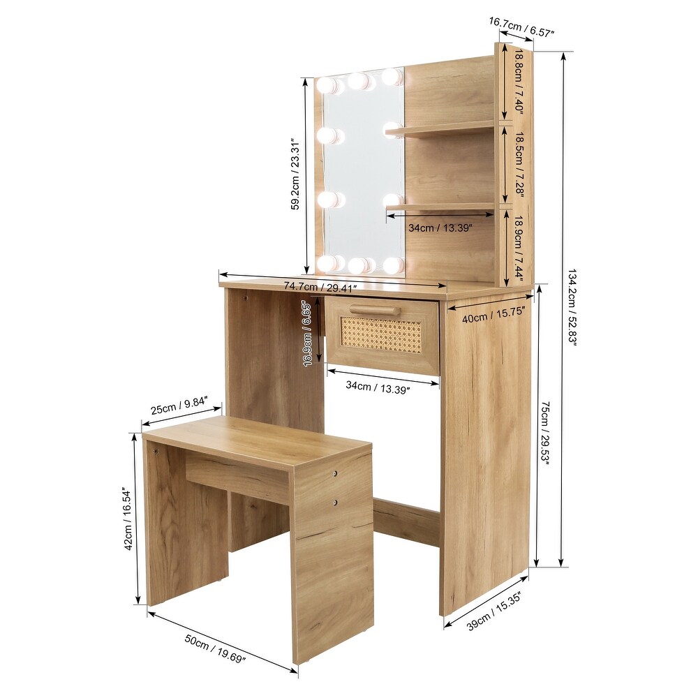 Vanity Desk Set Stool   Dressing Table with LED Lighting Mirror Drawer and Compartments Modern Wood Cosmetic Table