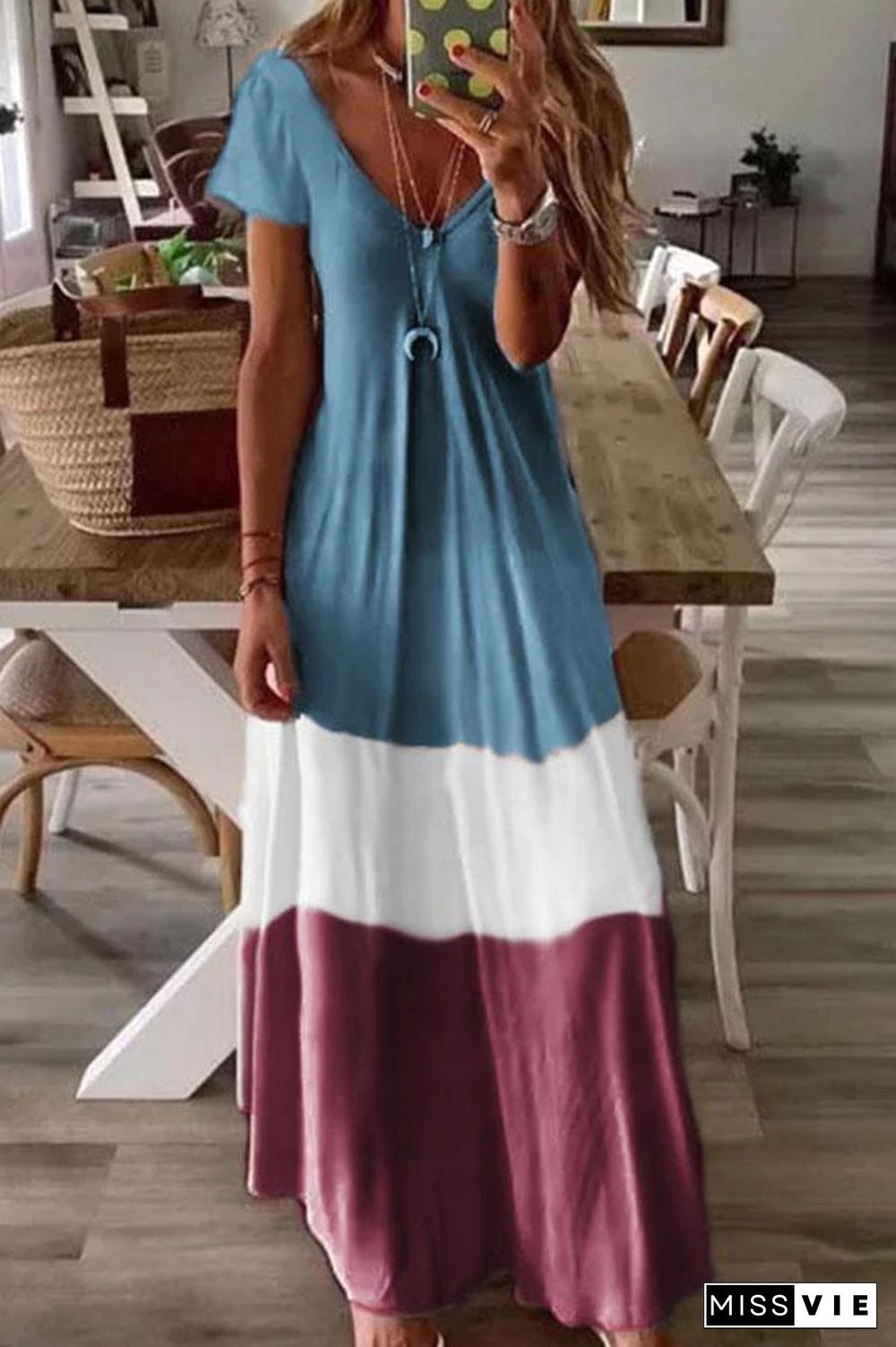 Color-block V-neck Short Sleeves A-line Holiday Maxi Dress