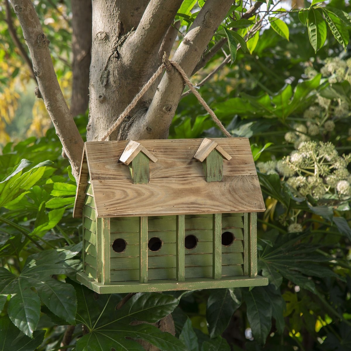 Glitzhome Wood Distressed Garden Birdhouse， Green