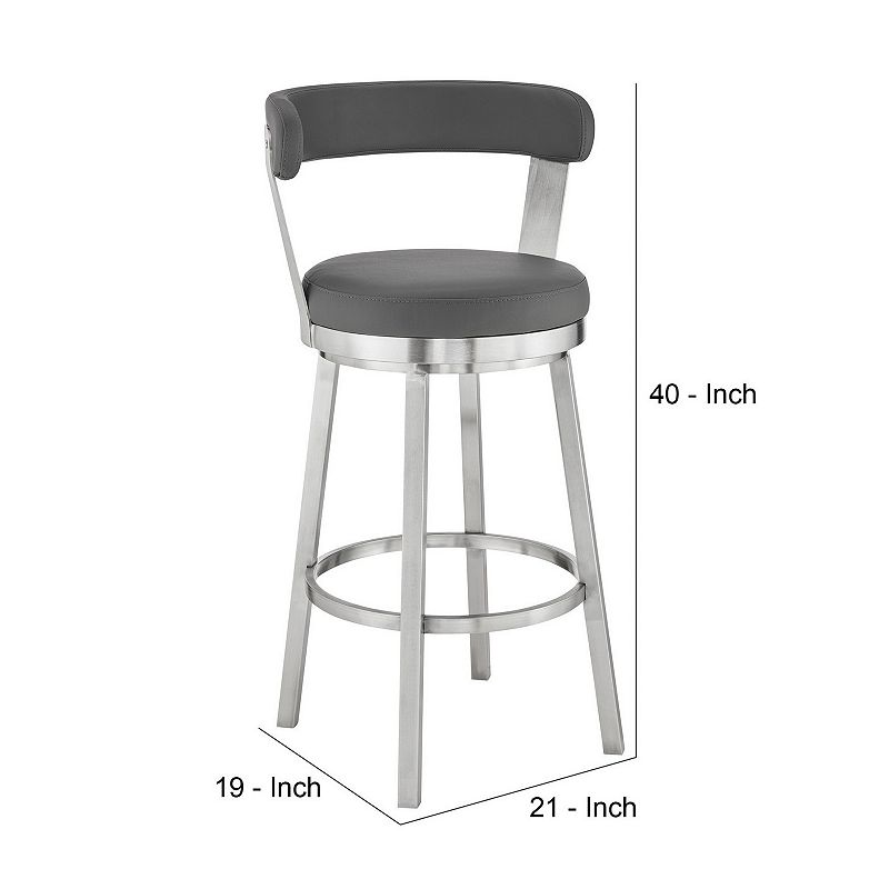 Emma 30 Inch Bar Height Swivel Stool， Steel Legs， Faux Leather， Light Gray